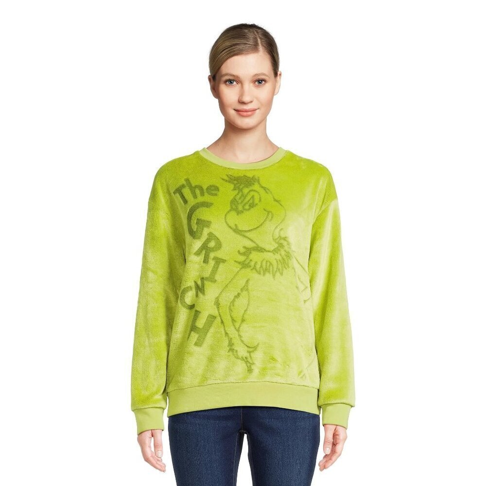 Y Dr. Suess The Grinch Green Plush Crewneck Christmas Sweater